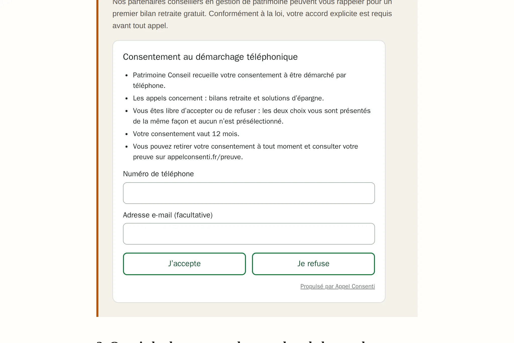 Widget de consentement inséré en encart au milieu d'un article de blog sur la préparation de la retraite.