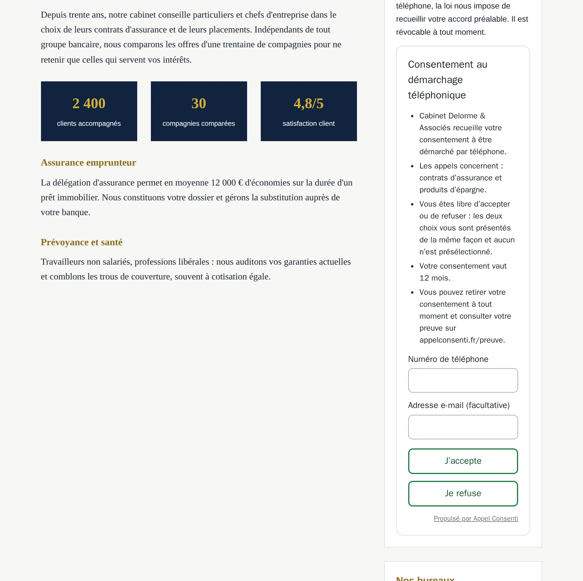 Widget de consentement dans la barre latérale étroite du site d'un cabinet de courtage en assurances.