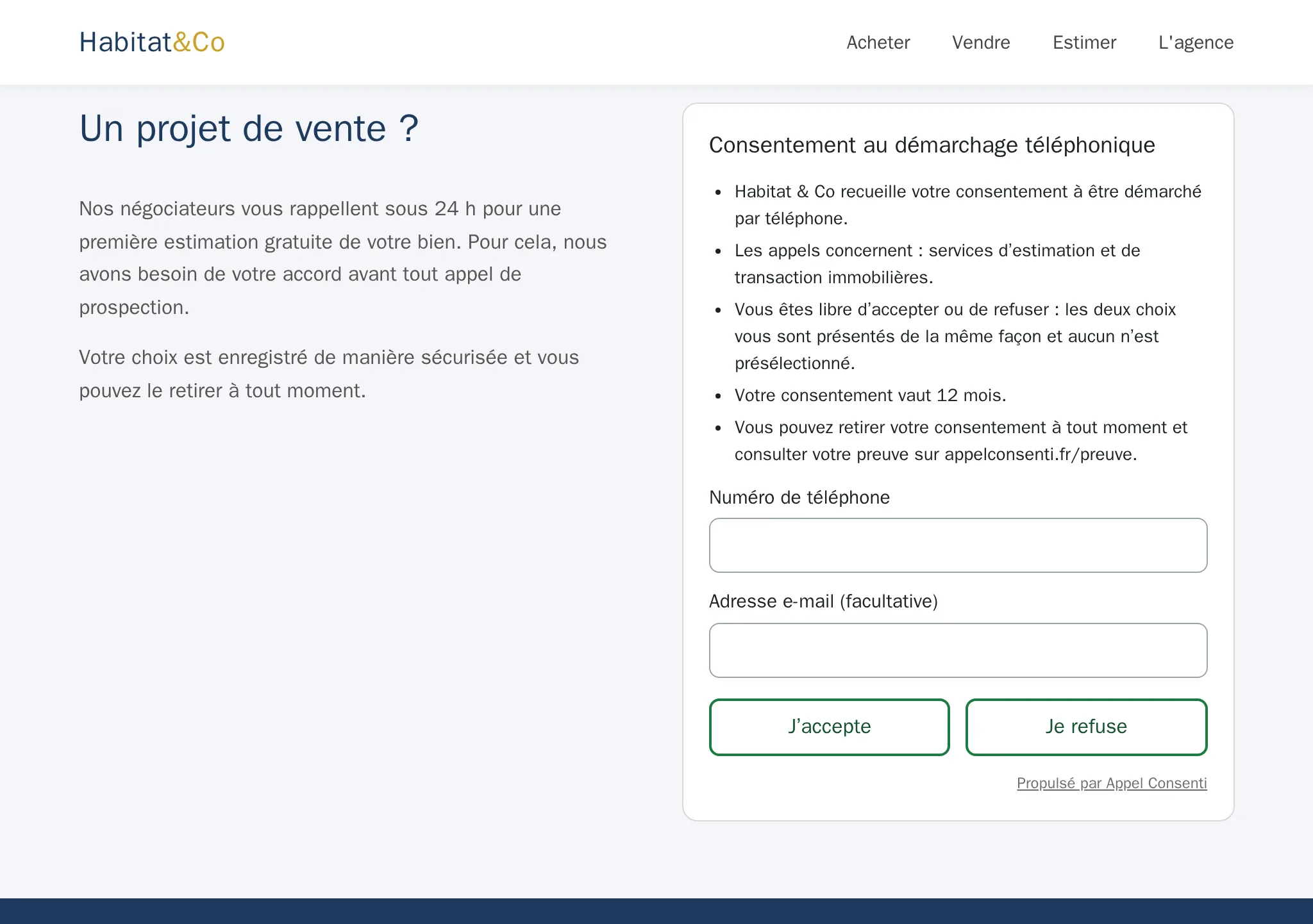 Widget de consentement sur la vitrine moderne d'une agence immobilière, en colonne à côté d'un texte de présentation.