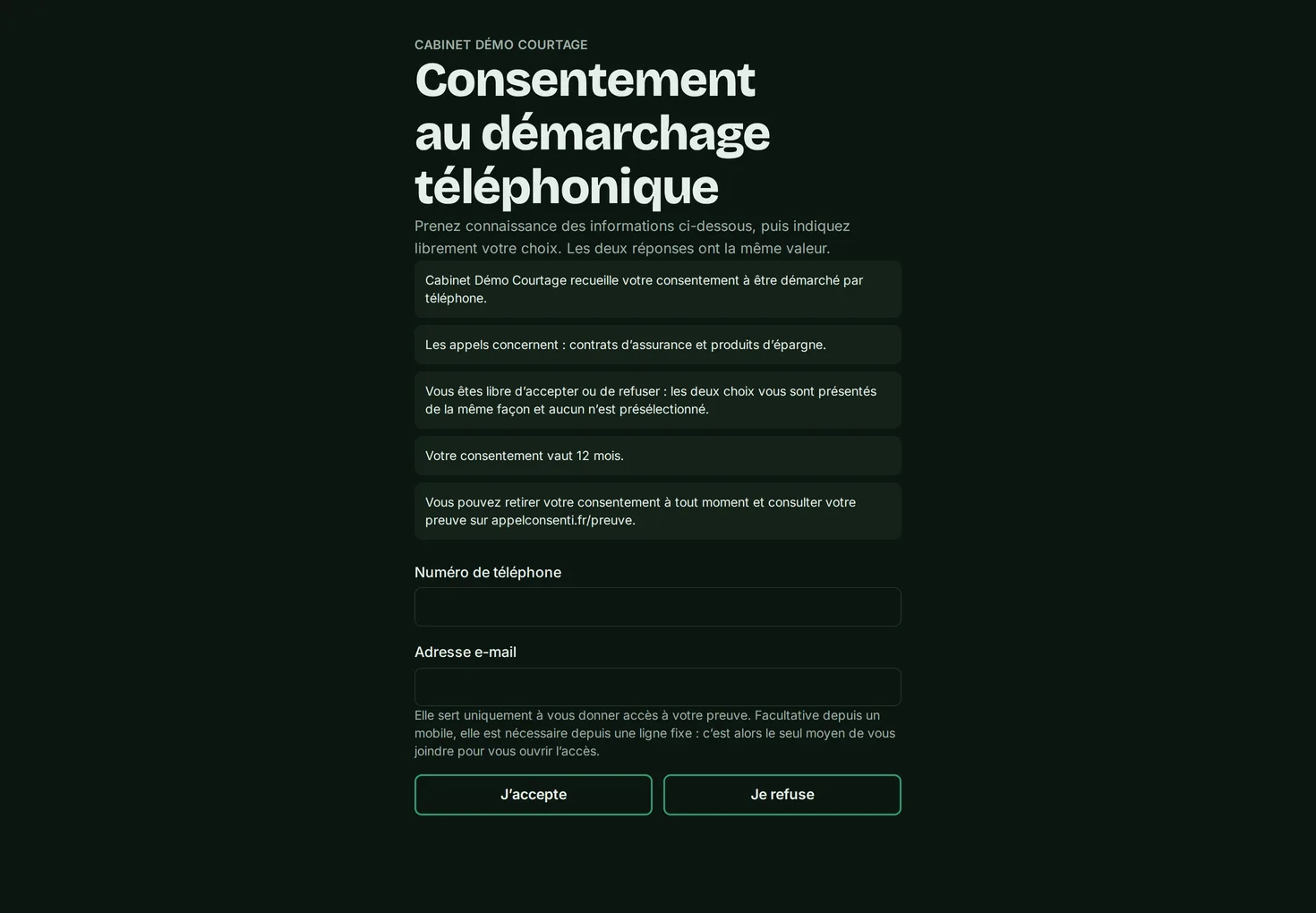 Widget de recueil intégré sur le site d'un cabinet de courtage : les cinq mentions obligatoires, le champ du numéro, et deux boutons de même poids, J'accepte et Je refuse.