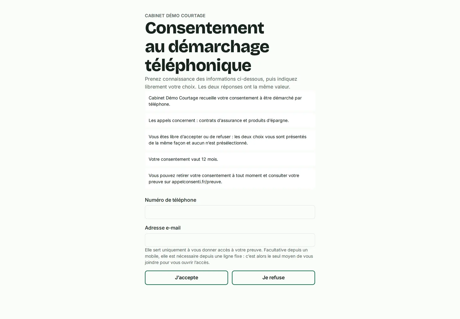 Widget de recueil intégré sur le site d'un cabinet de courtage : les cinq mentions obligatoires, le champ du numéro, et deux boutons de même poids, J'accepte et Je refuse.