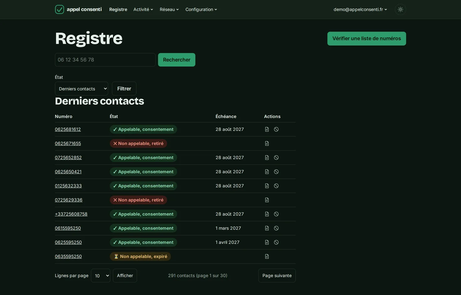 Écran du registre : chaque numéro avec son état (appelable avec consentement, retiré, expiré) et sa date d'échéance, filtrable par état.