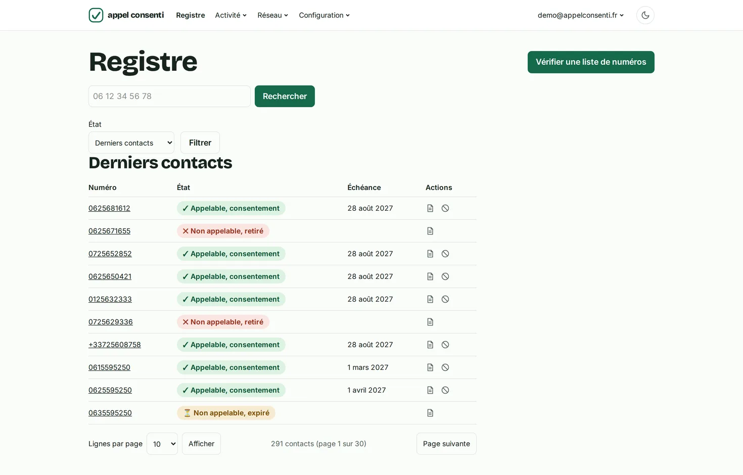 Écran du registre : chaque numéro avec son état (appelable avec consentement, retiré, expiré) et sa date d'échéance, filtrable par état.